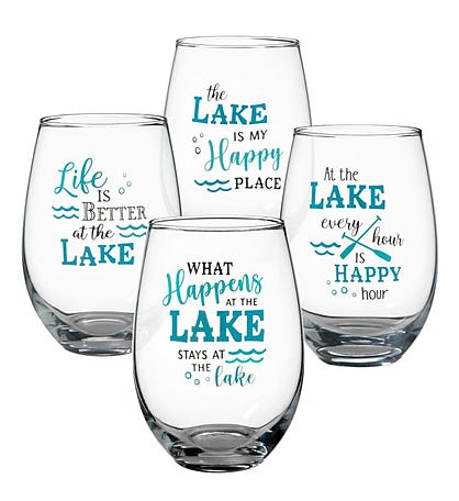 "At The Lake" Set Of 4 Stemless Wine Glasses